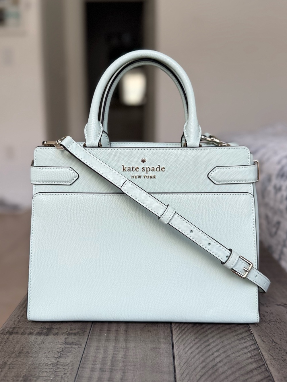 Kate Spade New York Staci Medium Satchel in Mint Green Saffiano leather
